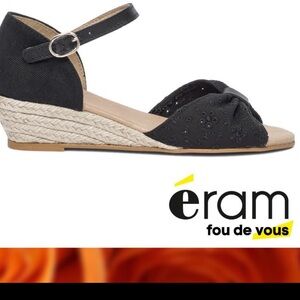 éram black lace open toe espadrille sandals fabric and leather wedge ankle strap